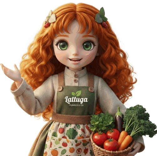 Lina, mascote da Lattuga, segurando uma cesta de legumes e verduras